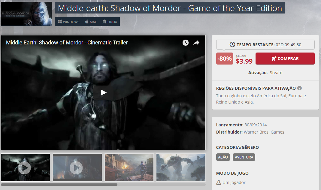 Nuuvem] Shadow of Mordor ($3.99 / 80% off) - 게임 할인/무료 - ITCM