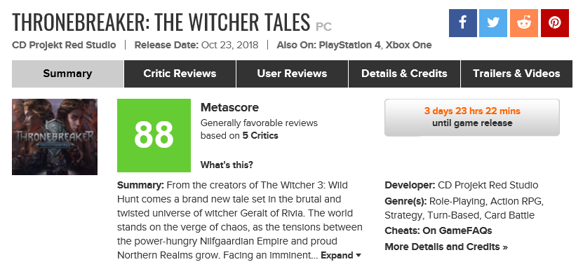 Thronebreaker: The Witcher Tales - Metacritic